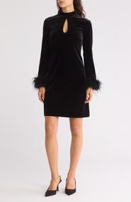Eliza J Feather Cuff Long Sleeve Velvet Cocktail Dress