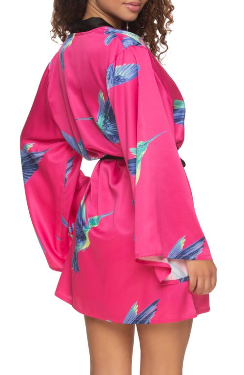 Felina Adrienne Print Short Satin Robe In Pink Hummingbirds