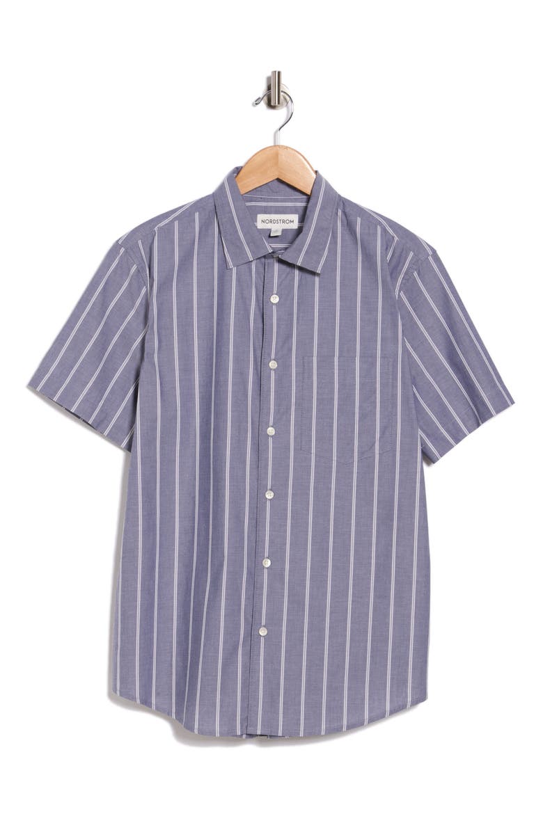 Cotton Poplin Short Sleeve Button-Up Shirt, Alternate, color, NAVY BAND STRIPE