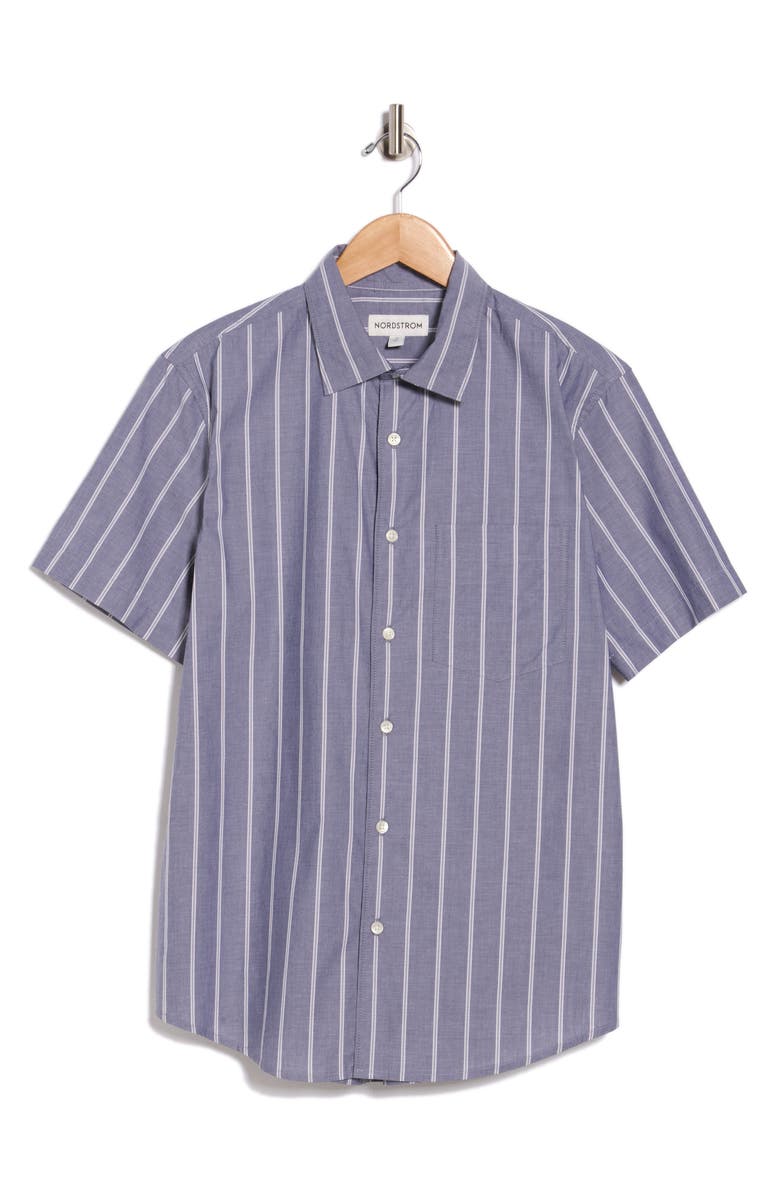 Nordstrom Cotton Poplin Short Sleeve Button-Up Shirt, Main, color, Navy Band Stripe