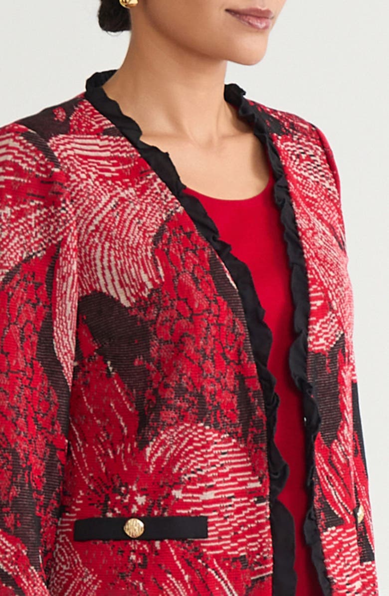 Ming Wang Heritage Floral Ruffle Trim Jacquard Knit Jacket, Alternate, color, Holiday/Twig/Black