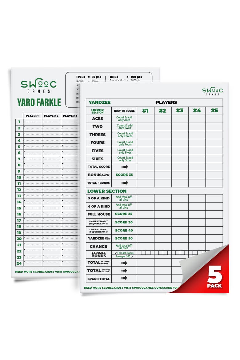 5 Pack Premium Yardzee & Farkle Scorecards, Main, color, White