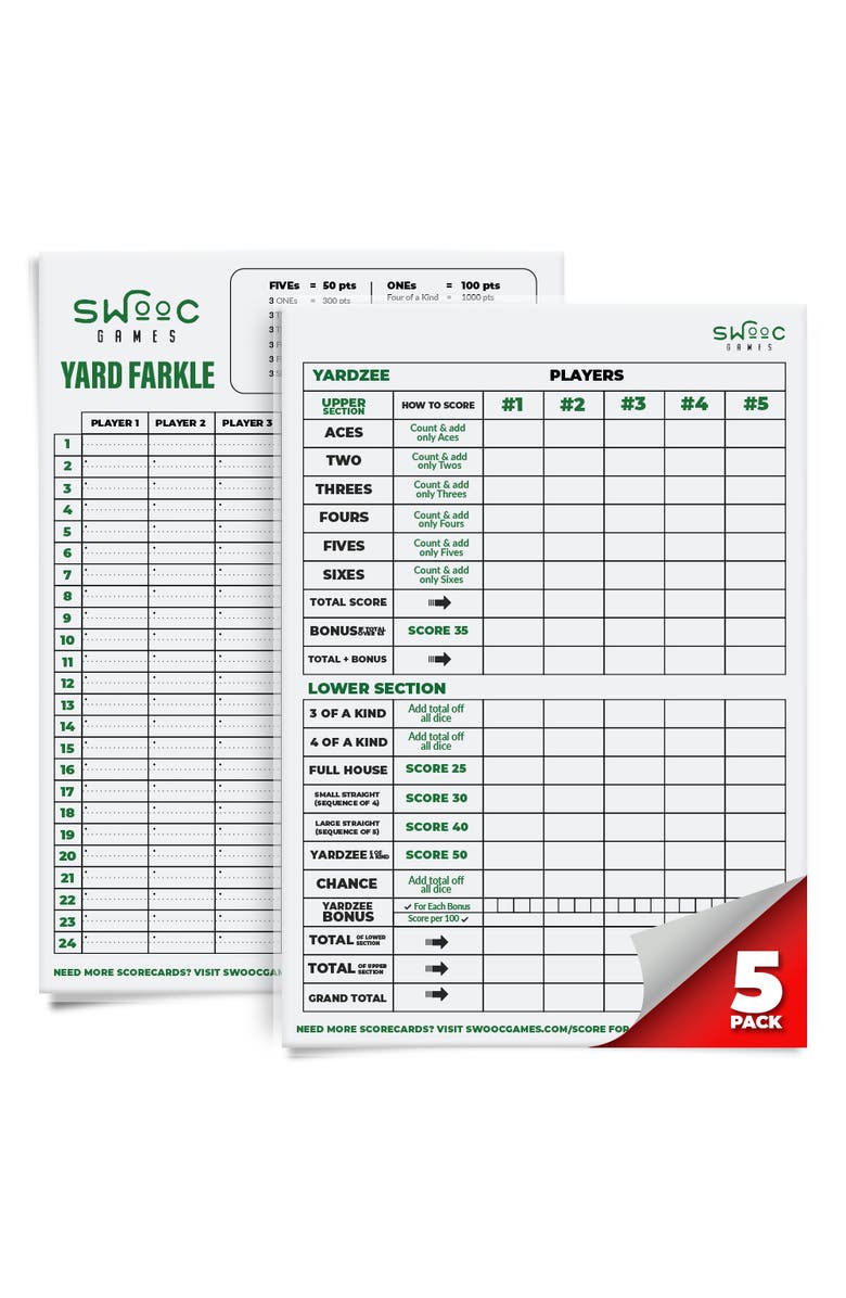 Swooc Games 5 Pack Premium Yardzee & Farkle Scorecards, Main, color, White
