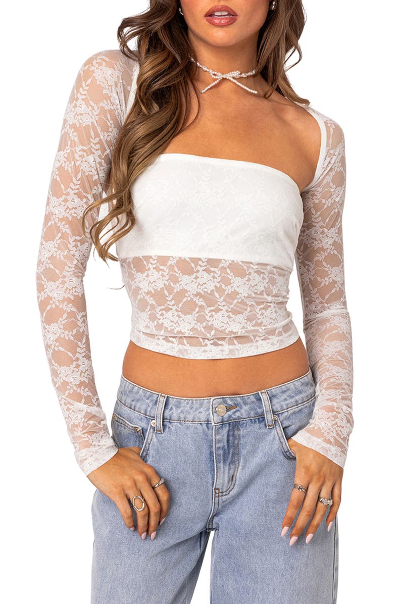 EDIKTED Addison Sheer Long Sleeve Lace Top, Main, color, White