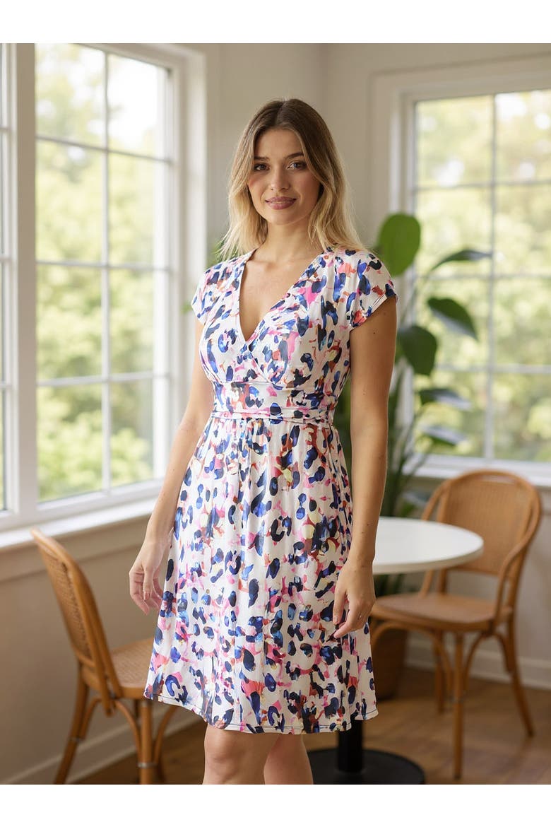 Womens Essential Abstract V-Neck Cap Sleeve Knee Length A-Line Pocket Dress, Alternate, color, White Multi