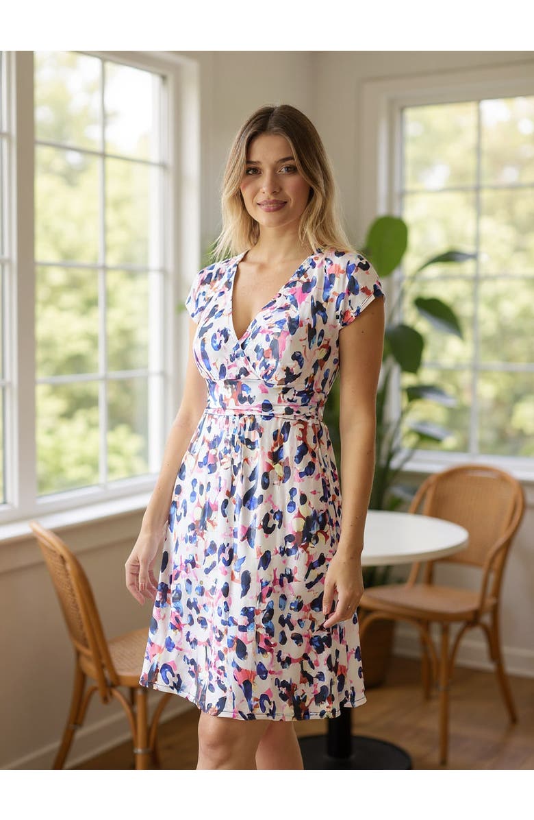 24seven Comfort Apparel Womens Essential Abstract V-Neck Cap Sleeve Knee Length A-Line Pocket Dress, Alternate, color, White Multi