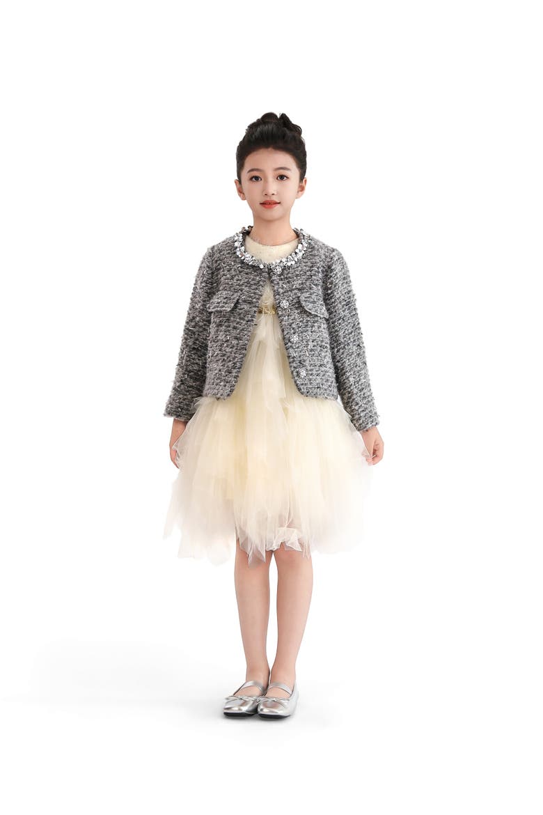Bouclé Jewel-Collar Jacket, Main, color, Grey