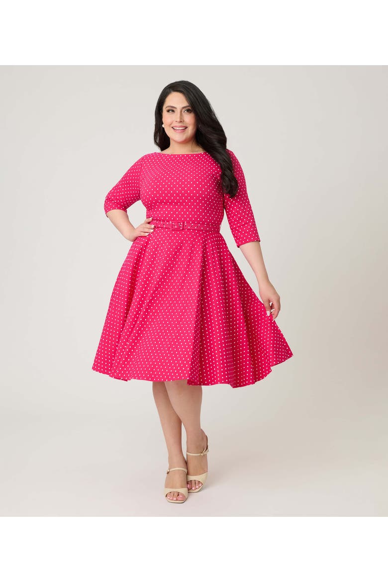 Plus Size Three Quarter Sleeve Belted Devon Swing Dress, Main, color, Pink w/ White Pindot