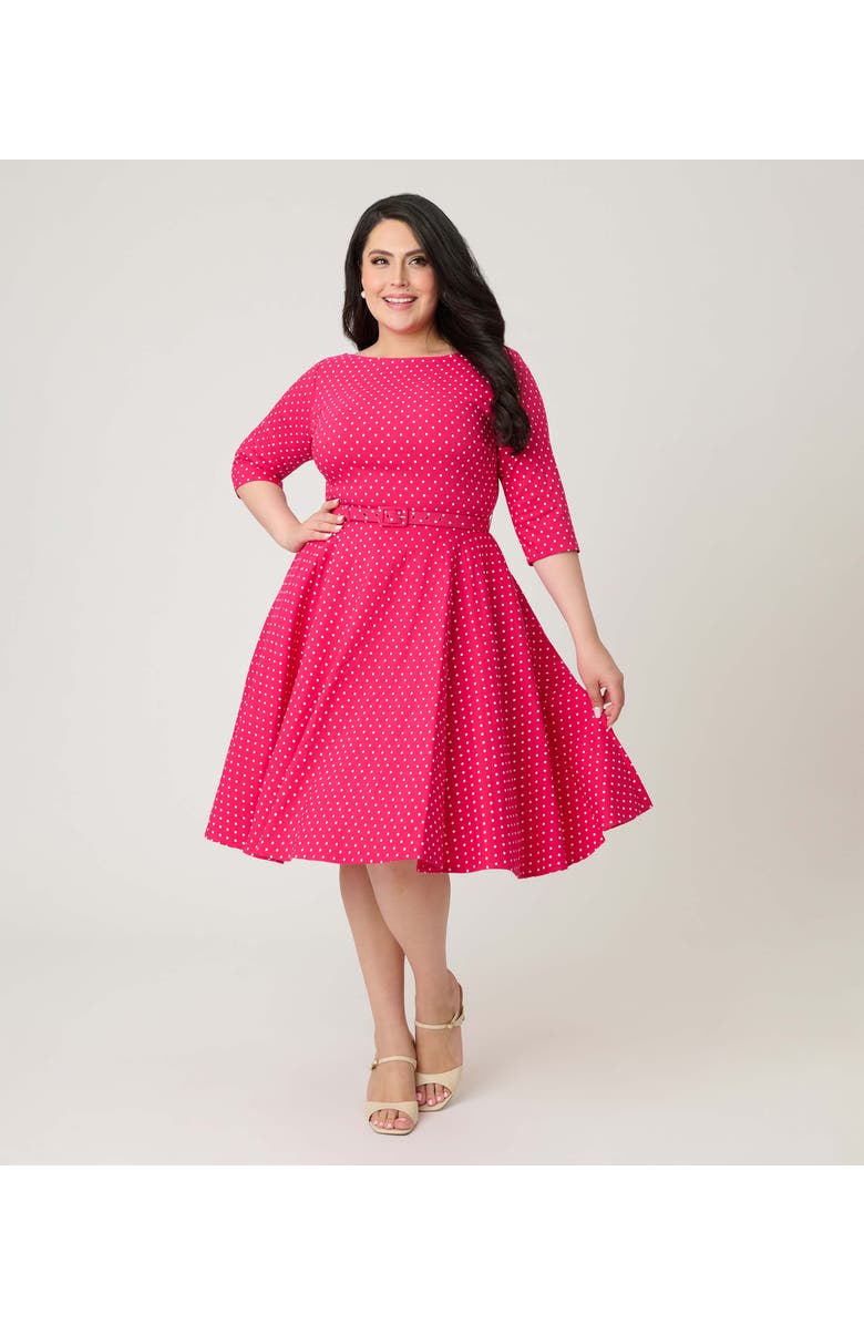 Unique Vintage Plus Size Three Quarter Sleeve Belted Devon Swing Dress, Main, color, Pink W/ White Pindot