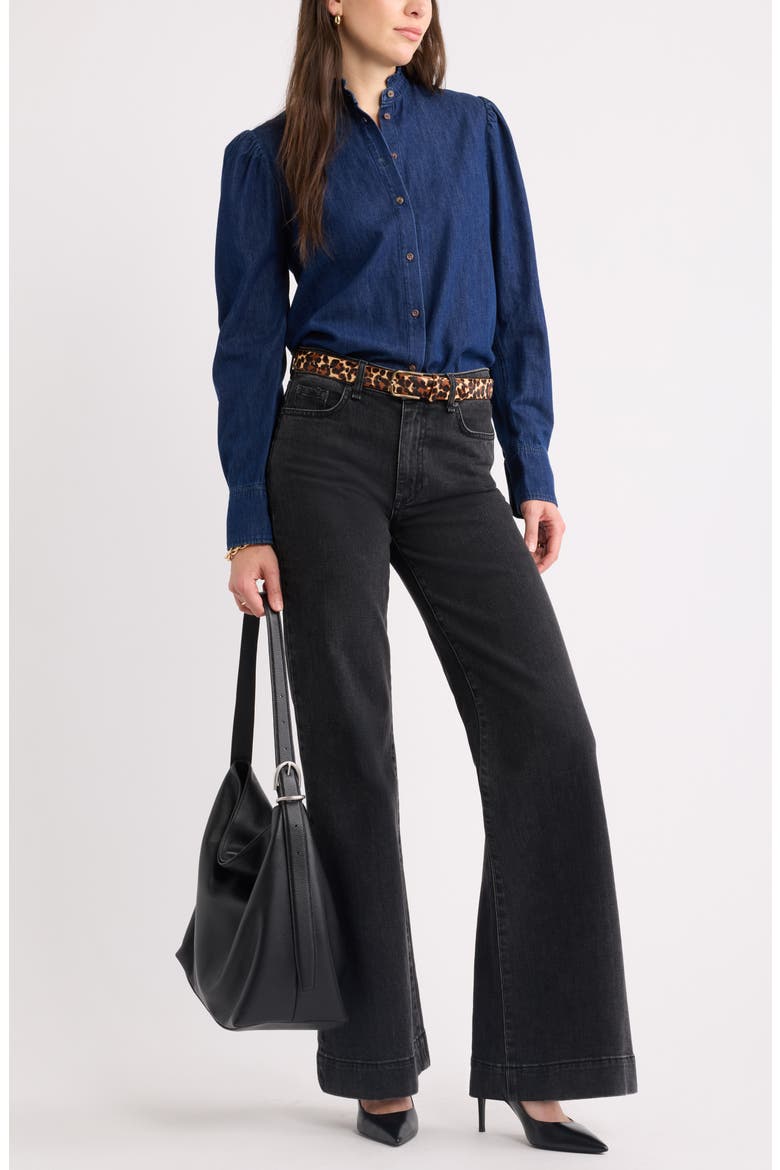 Ruffle Neck Puffed Sleeve Chambray Shirt, Alternate, color, DARK WASH