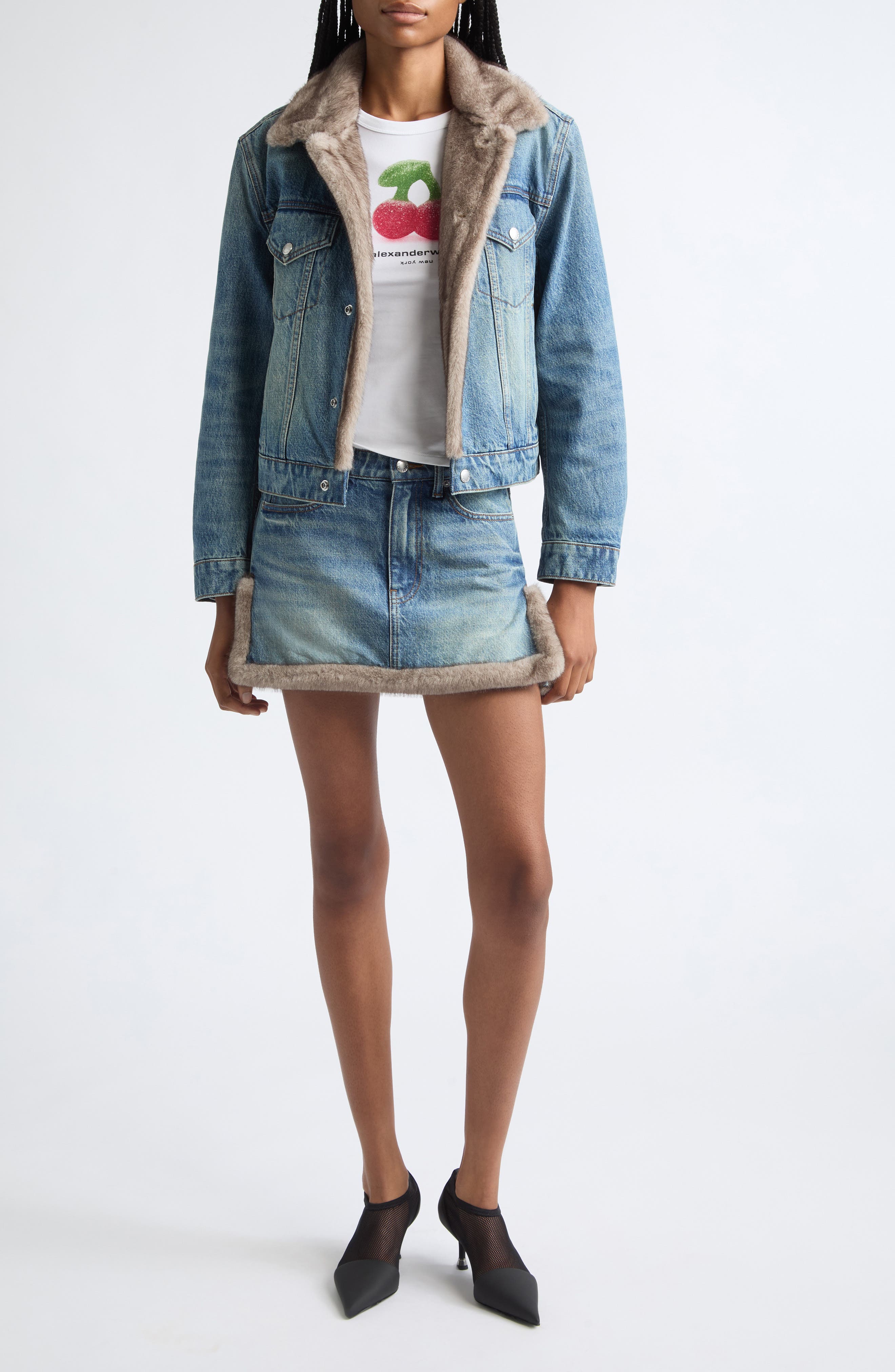 Alexander Wang Faux Fur Trim Denim Miniskirt (Women) | Nordstrom