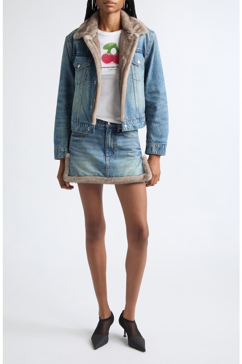 Faux Fur Trim Denim Miniskirt, Alternate, color, TINTED MEDIUM INDIGO