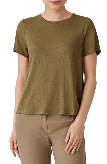 Eileen Fisher Organic Linen Crewneck T-shirt In Green