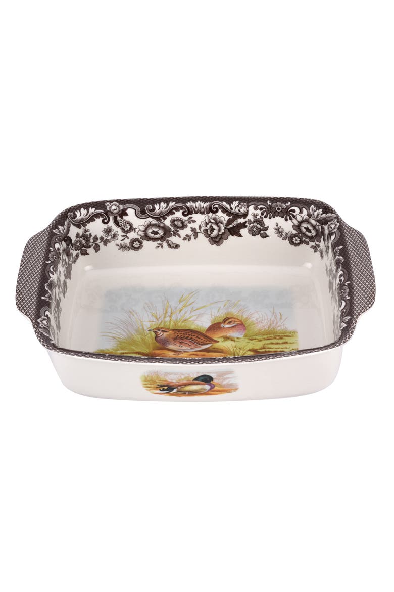 Woodland 12" x 9.5" Rectangular Handled Dish, Mallard / Quail, Main, color, Brown