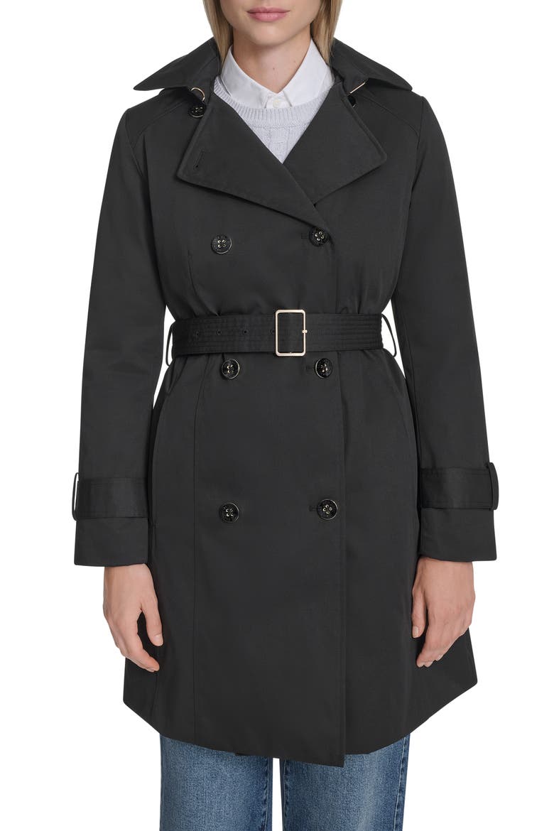 Water Resistant Twill Hooded Trench Coat, Main, color, BLACK