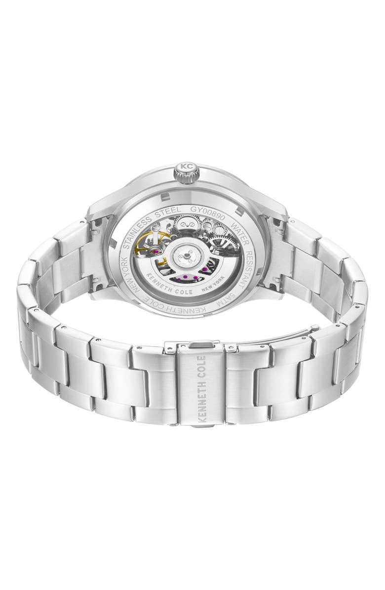 Kenneth Cole New York The Thompson Skeleton Automatic Bracelet Watch, 43.5mm, Alternate, color, Silver