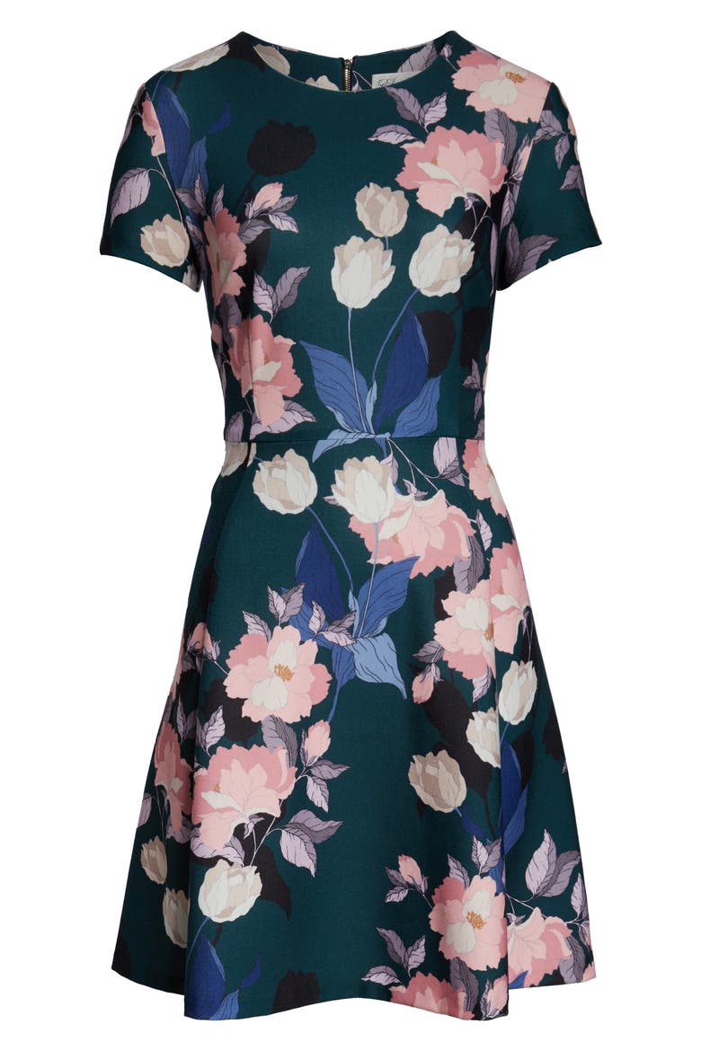 Floral Print Short Sleeve Fit & Flare Dress, Alternate, color, HUNTER