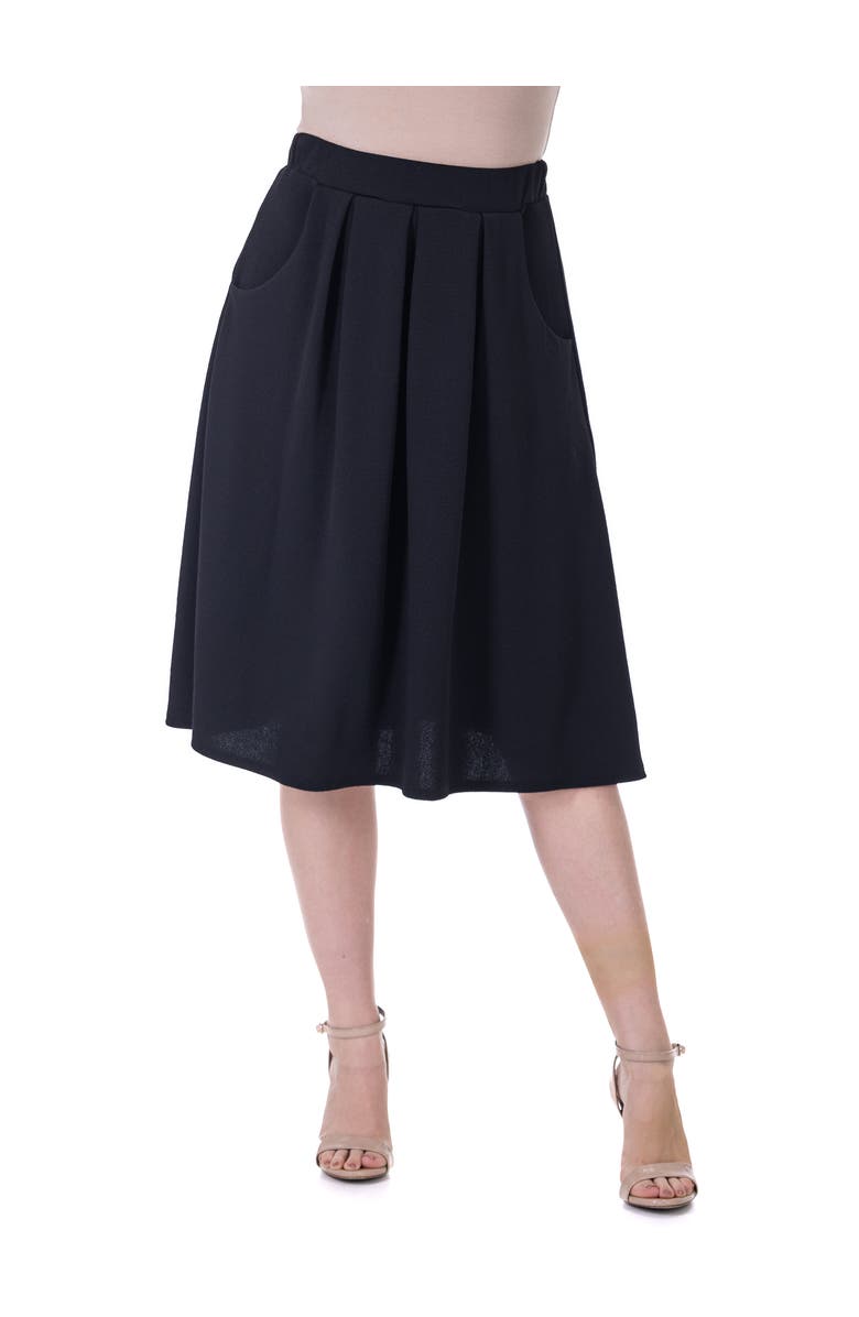 24seven Comfort Apparel Elastic Waist Pleated Knee Length Pocket Skirt, Main, color, Black
