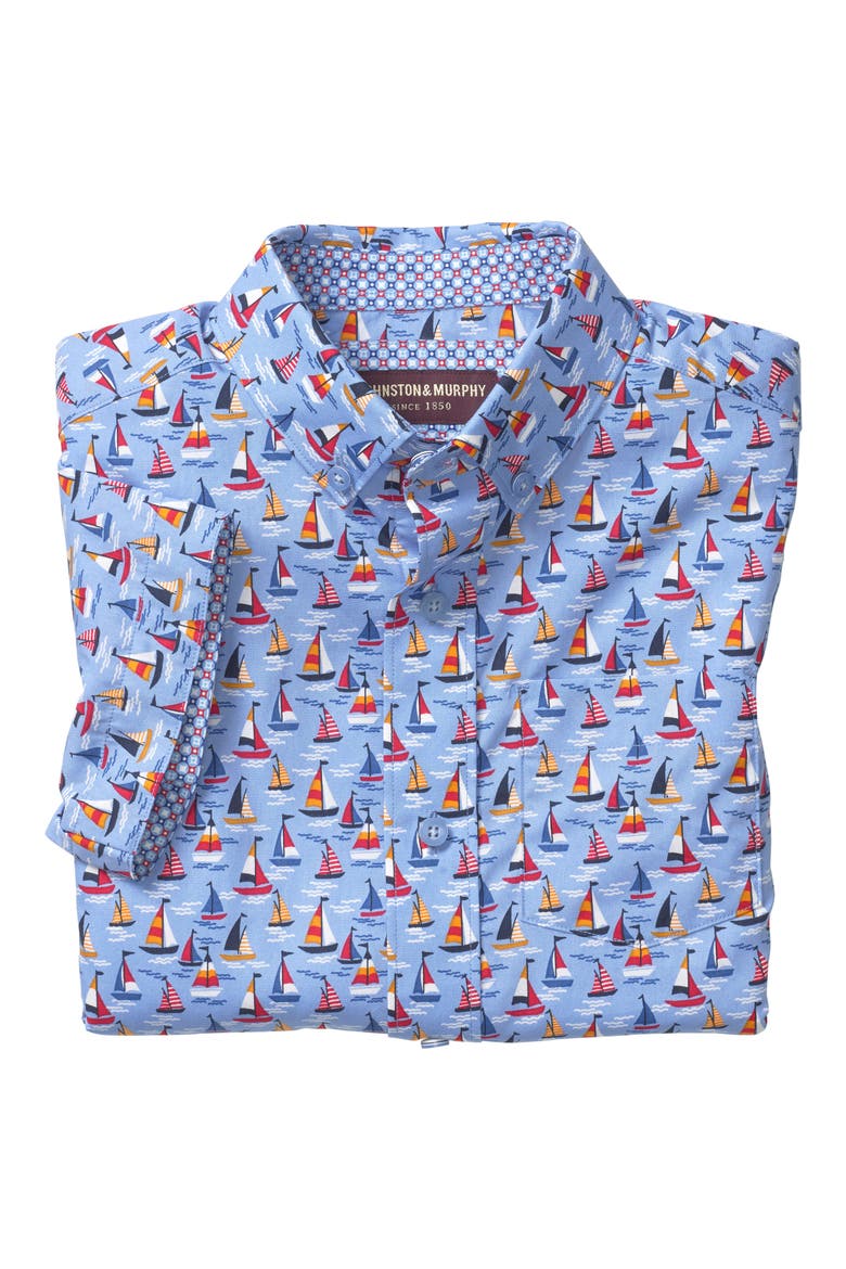 Kids' Sailboat Print Short Sleeve Button-Down Shirt, Alternate, color, BLUE
