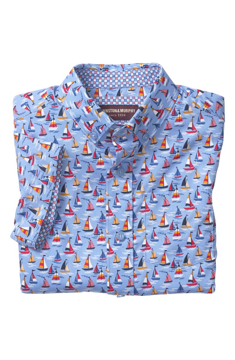 Johnston & Murphy Kids' Sailboat Print Short Sleeve Button-Down Shirt, Alternate, color, 