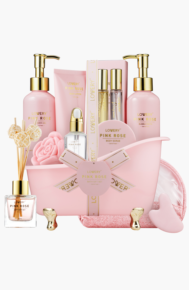 Lovery Luxury Spa Kit, 18Pc Relaxing Basket With Perfumes, Gua Sha And More, Main, color, Pink Rose