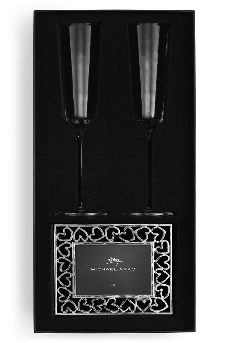 Reflective Set of 2 Champagne Flutes & Heart Frame Gift Set, Alternate, color, CLEAR
