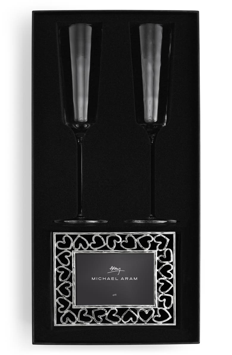 Michael Aram Reflective Set of 2 Champagne Flutes & Heart Frame Gift Set, Alternate, color, Clear