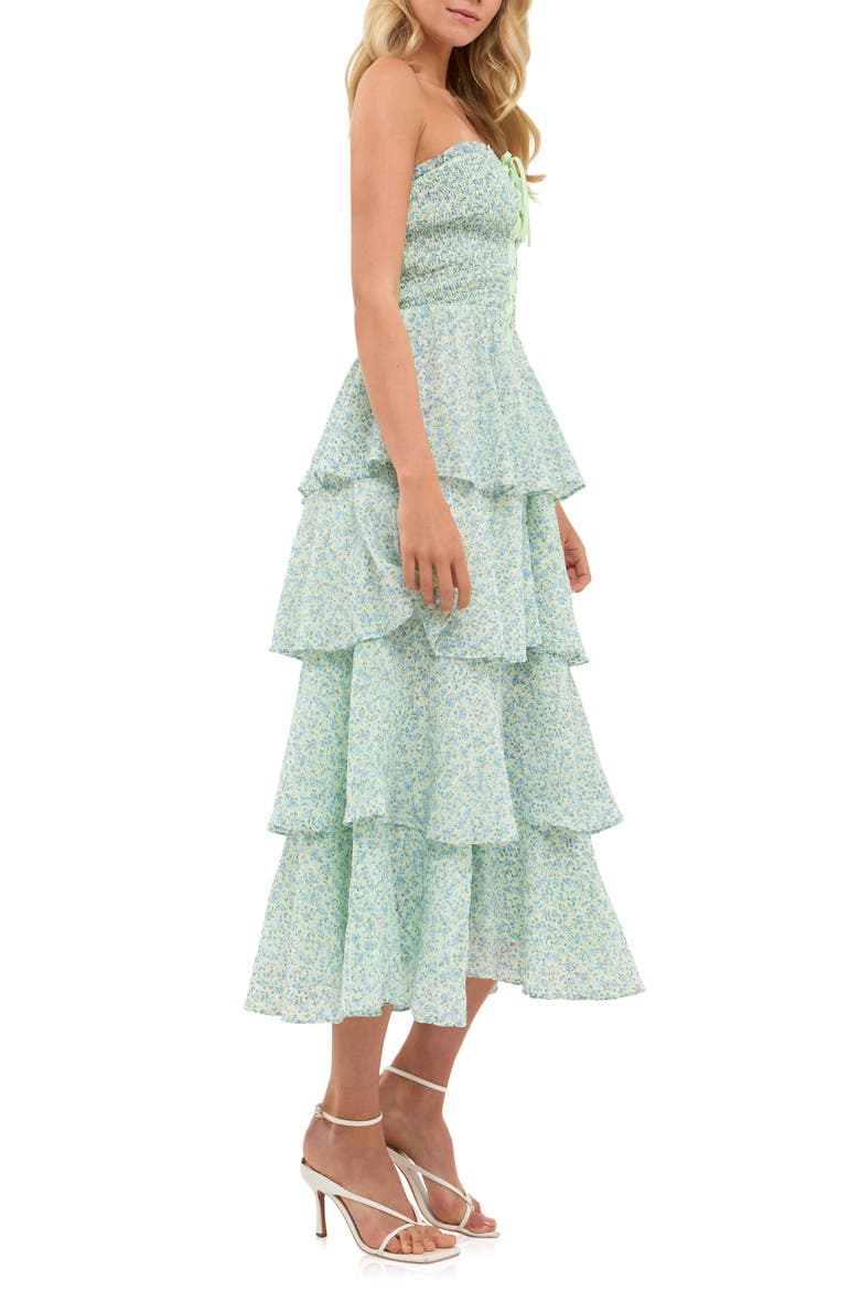 Floral Print Tiered Strapless Dress, Alternate, color, BLUE