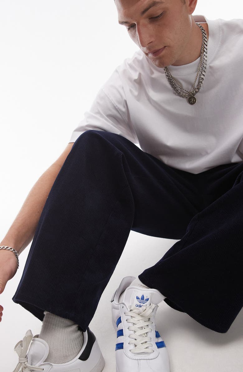 Topman Wide Leg Corduroy Pants, Alternate, color, Navy