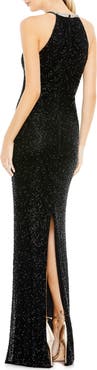 Mac Duggal Beaded Sleeveless High Neck Column Gown