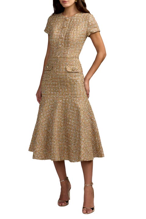 Women's Sequin Tweed Short Sleeve A-Line Midi Dress
