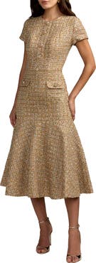 Mac Duggal Women's Sequin Tweed Short Sleeve A-Line Midi Dress
