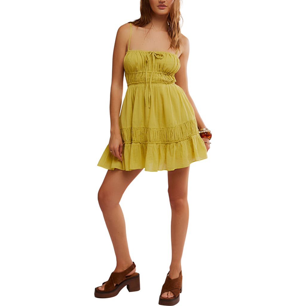Free People Taking Sides Shirred Tiered Cotton Minidress In Yellow