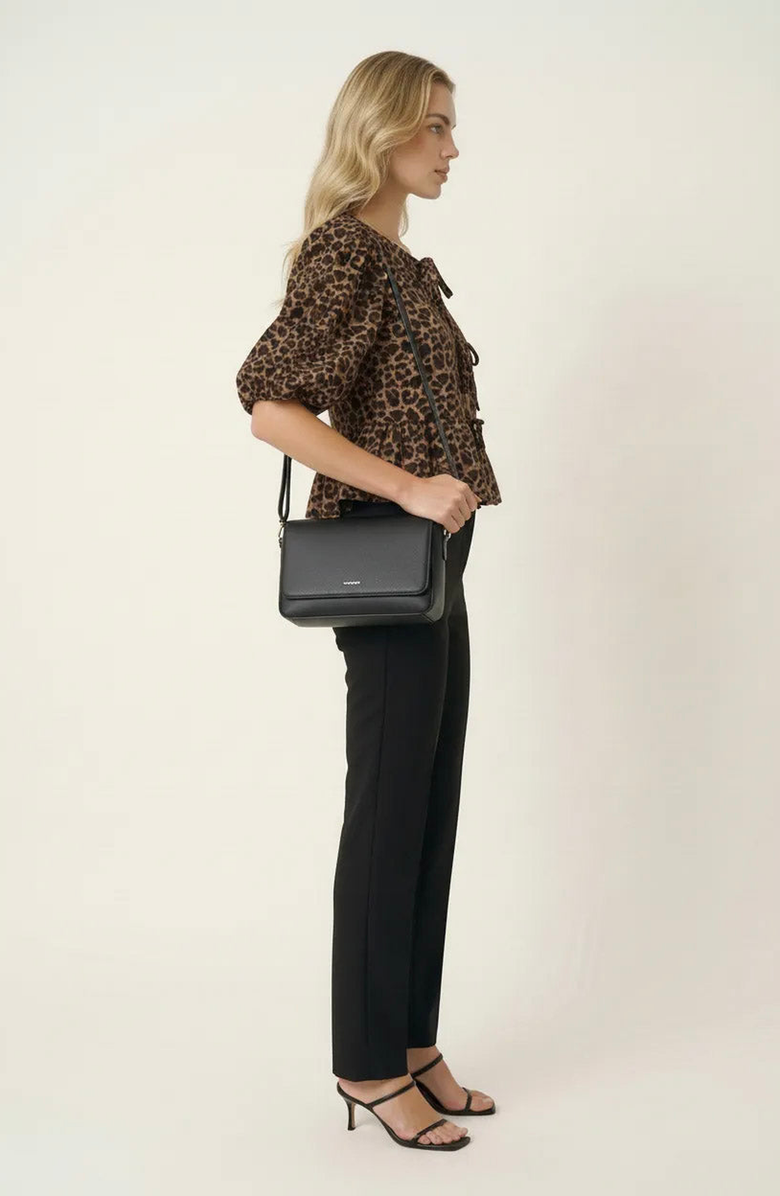 Modenaire Peplum Top With Front Tie Closures And Short Puff Sleeves, Alternate, color, Leopard Print