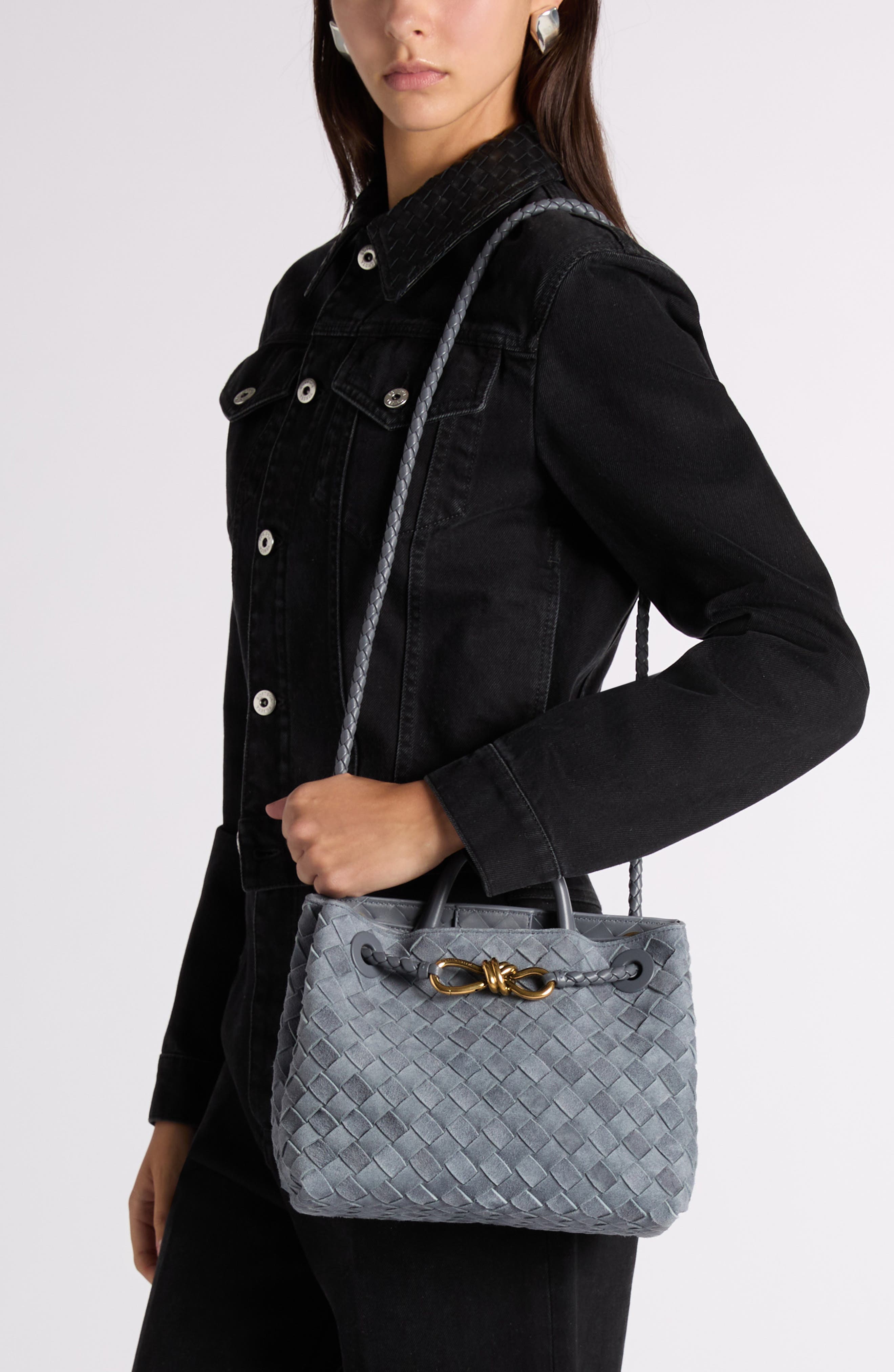 Bottega Veneta Small Andiamo Intrecciato Suede Top Handle Bag, Alternate, color, Cloudy Indigo