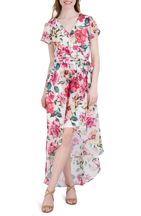 Floral High-Low Faux Wrap Dress