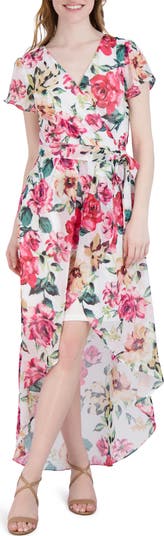 Floral High-Low Faux Wrap Dress