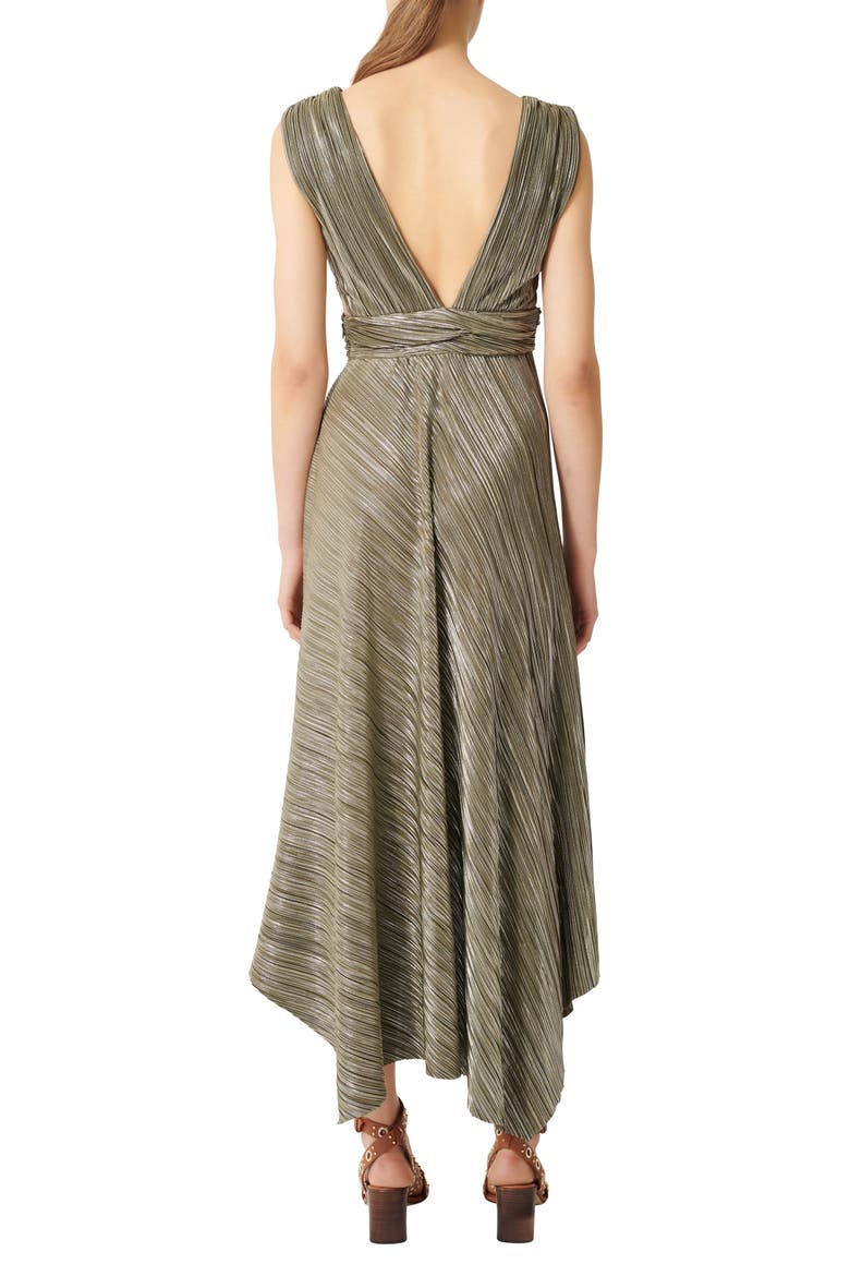 Metallic Plissé Handkerchief Hem Midi Dress, Alternate, color, KHAKI GREEN