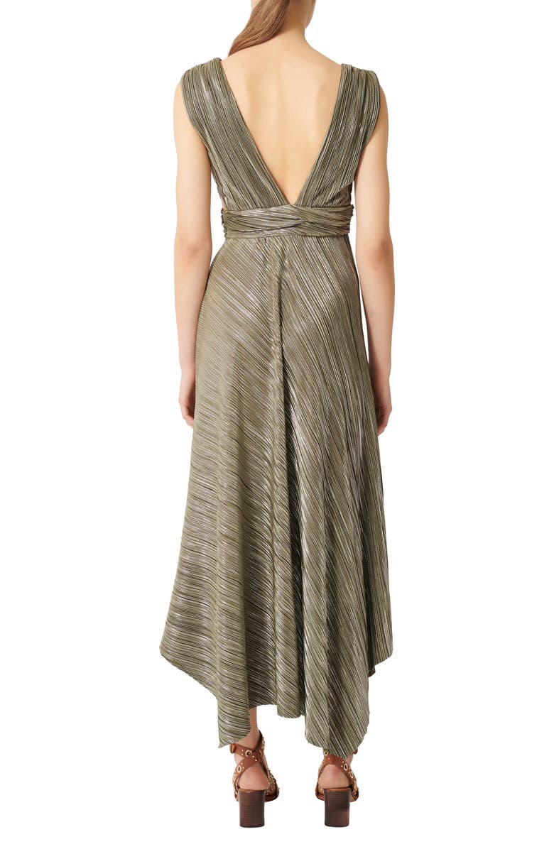 maje Metallic Plissé Handkerchief Hem Midi Dress, Alternate, color,