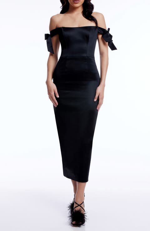 Verona Off the Shoulder Satin Midi Cocktail Dress