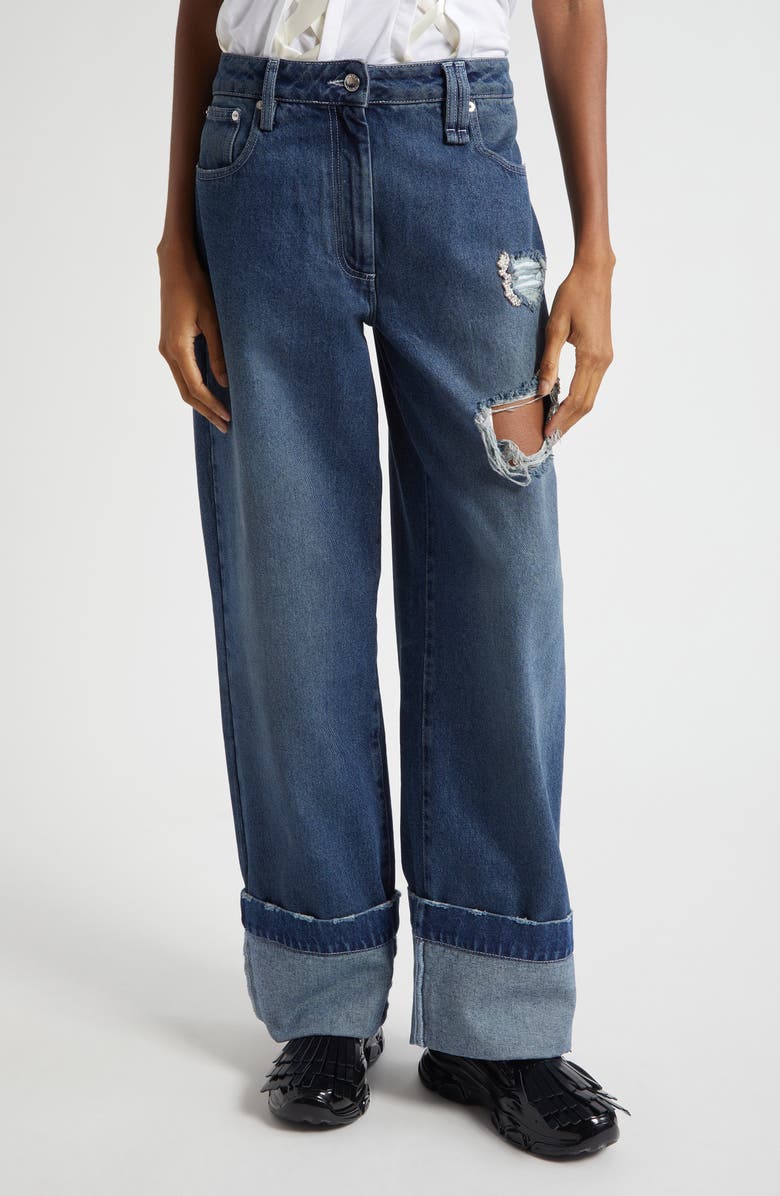 Simone Rocha Embellished Distressed Straight Leg Jeans, Main, color, Distressed Blue/ Pearl/ Clear