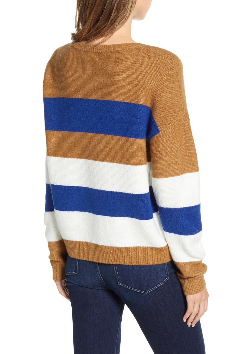 Shoulder Button Sweater, Alternate, color, TAN- BLUE IVORY BLOCK STRIPE