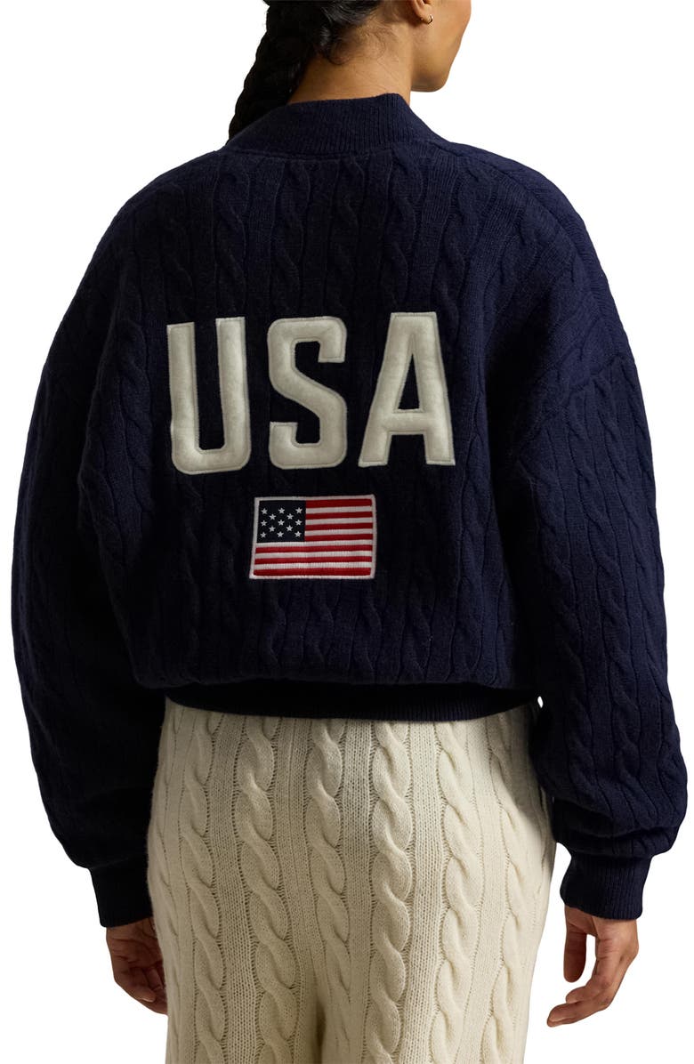 Polo Ralph Lauren Team USA Cable Stitch Wool & Cashmere Bomber Jacket, Alternate, color, Hunter Navy