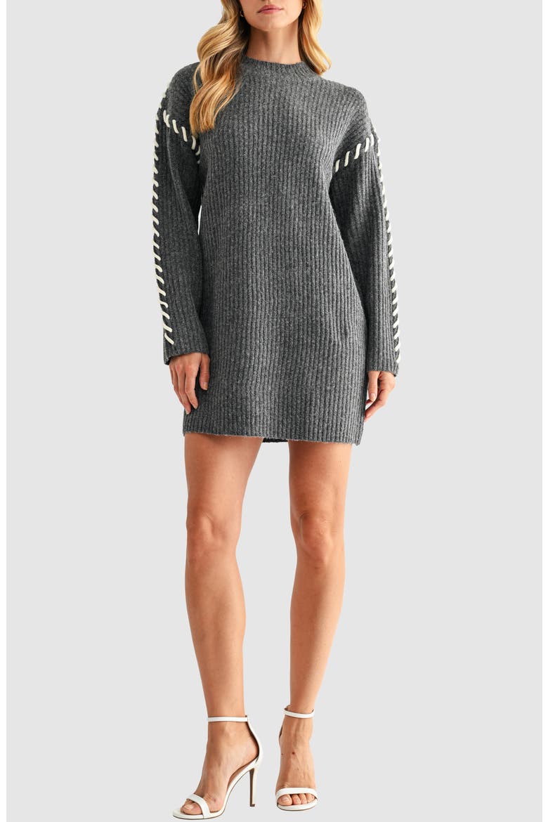 Contrast Whipstitch Long Sleeve Mini Sweater Dress, Main, color, CHARCOAL GREY