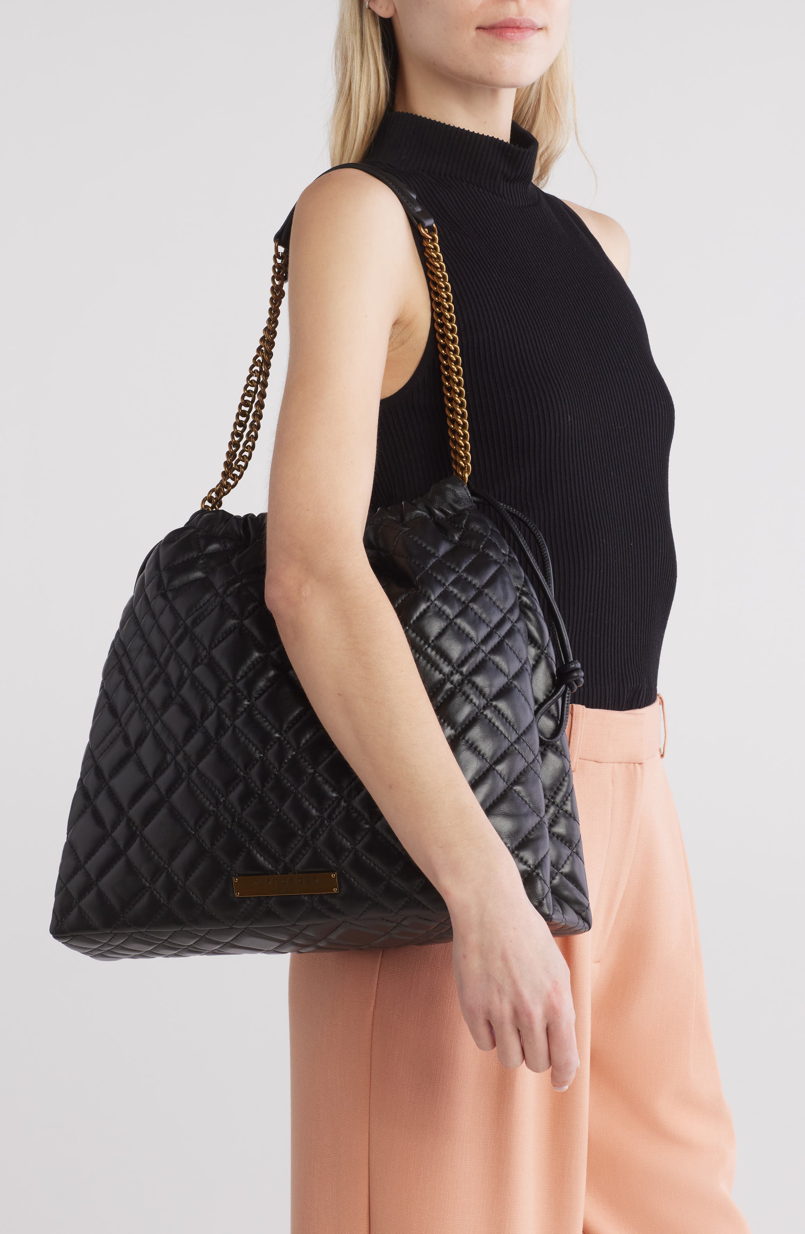 Kurt Geiger London Brixton Drawstring Quilted Leather Shoulder Bag, Alternate, color, 