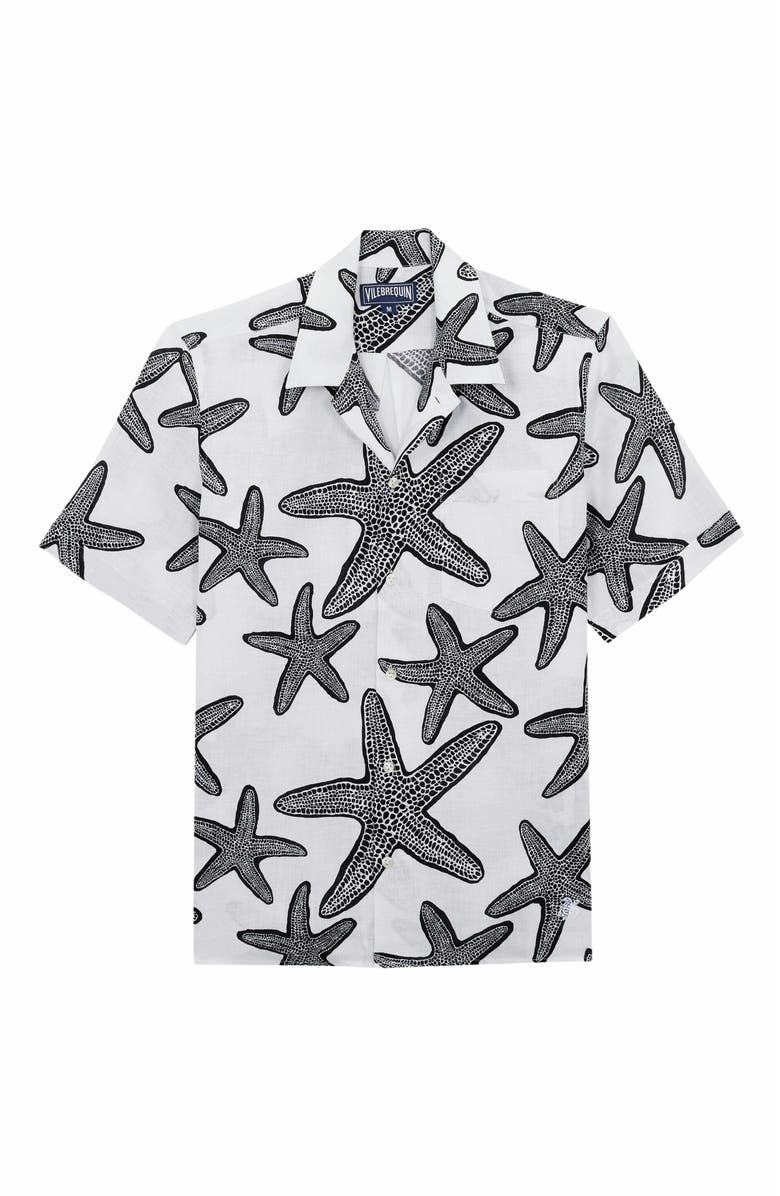 Vilebrequin Men's Starlettes Linen Bowling Shirt, Alternate, color, Blanc