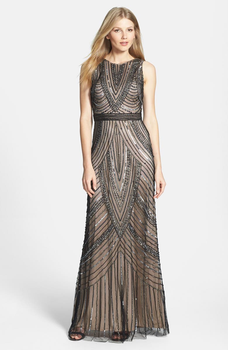 Adrianna Papell Beaded Sleeveless Mesh Gown, Main, color, 