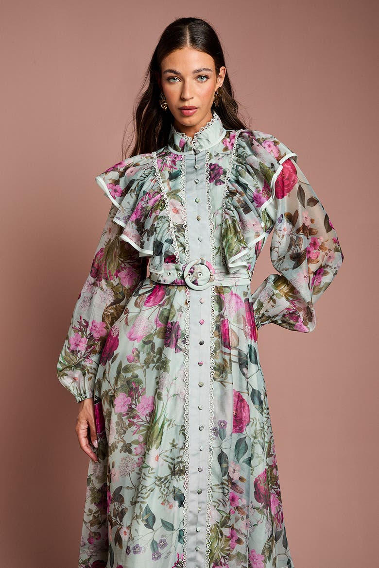Long Sleeve Printed Organza Shirt Dress, Alternate, color, Sage