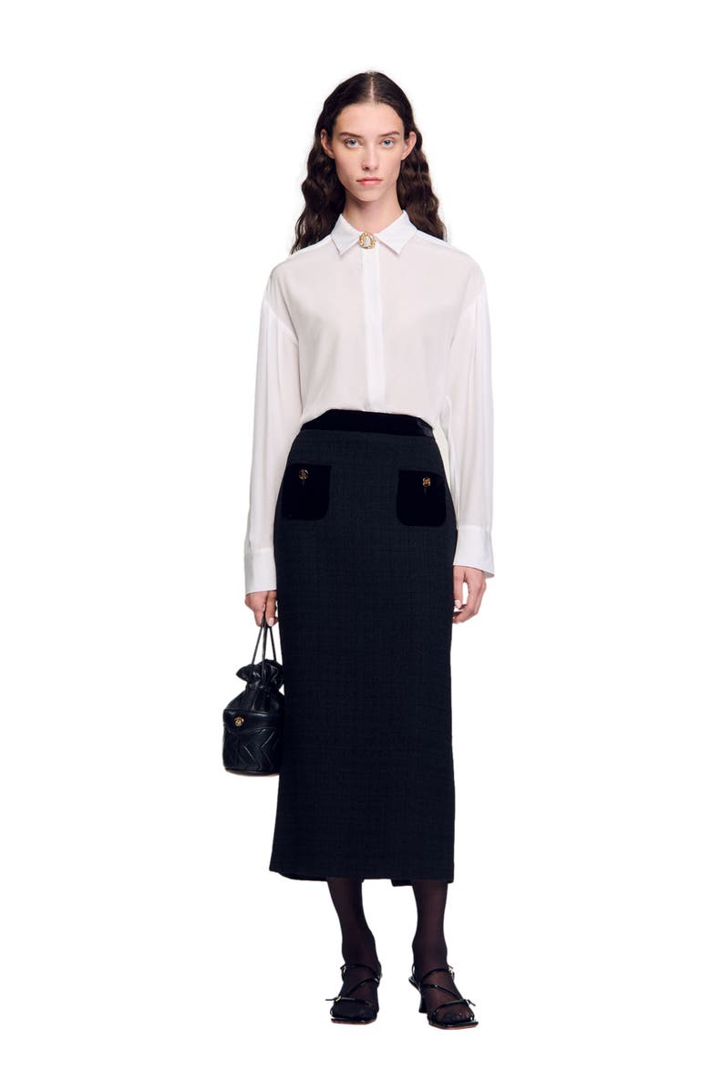 SANDRO Tweed and velvet maxi skirt, Alternate, color, 