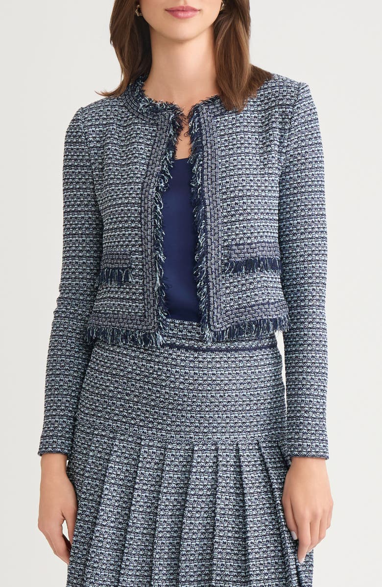Misook x Lani Lynn Fringe Trim Tweed Jacket, Main, color, Moonlit Navy/Blue Frost/Black
